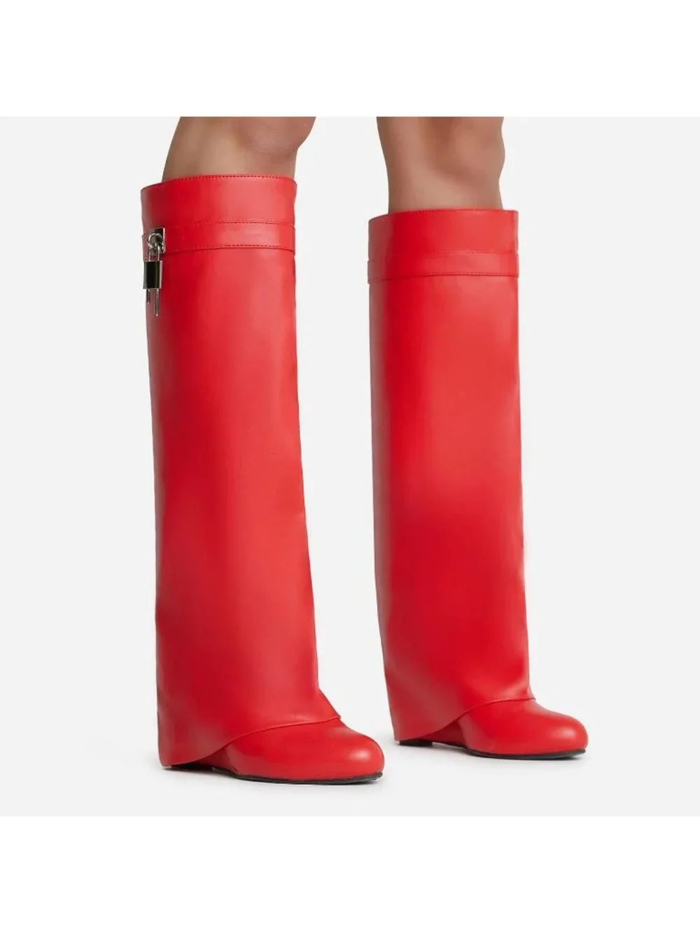 Women's Red Fold Over Wide Calf Wedge Heel Knee High With Decorative Lock Boot